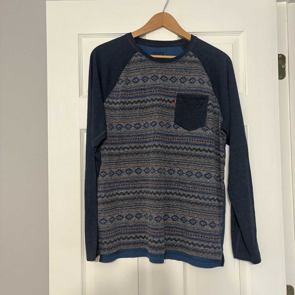 Levi’s Baseball T-shirt Mens L Blue Aztec Long Sleeve Raglan Crewneck Pocket
